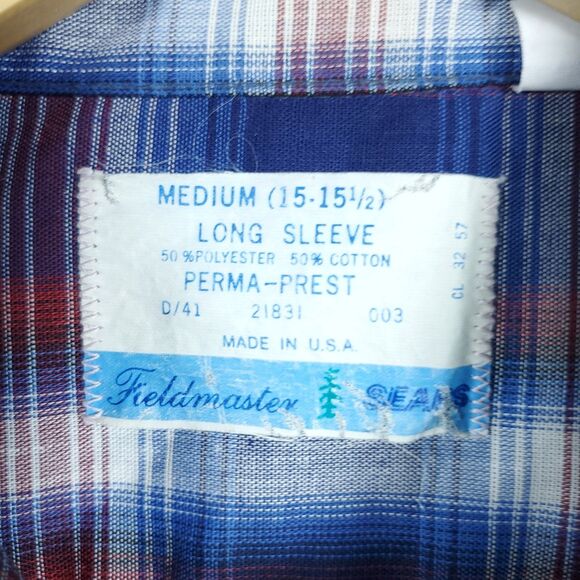 Vintage Sears Fieldmaster Shirt Mens Medium Blue Plaid Flannel Perma Prest 80s - Picture 4 of 14
